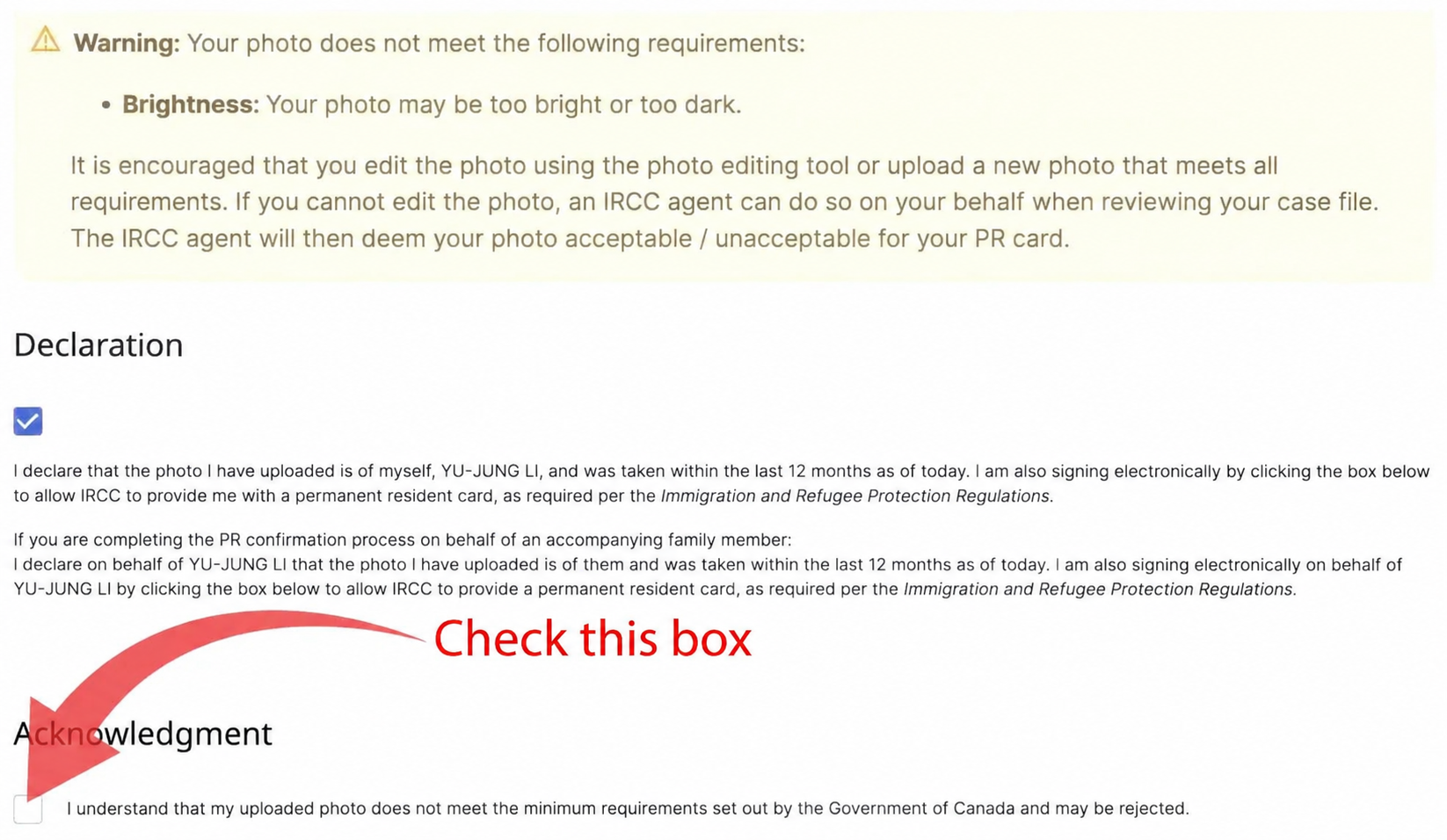 PR photo upload brightness warning and acknowledgement checkbox: Check this box